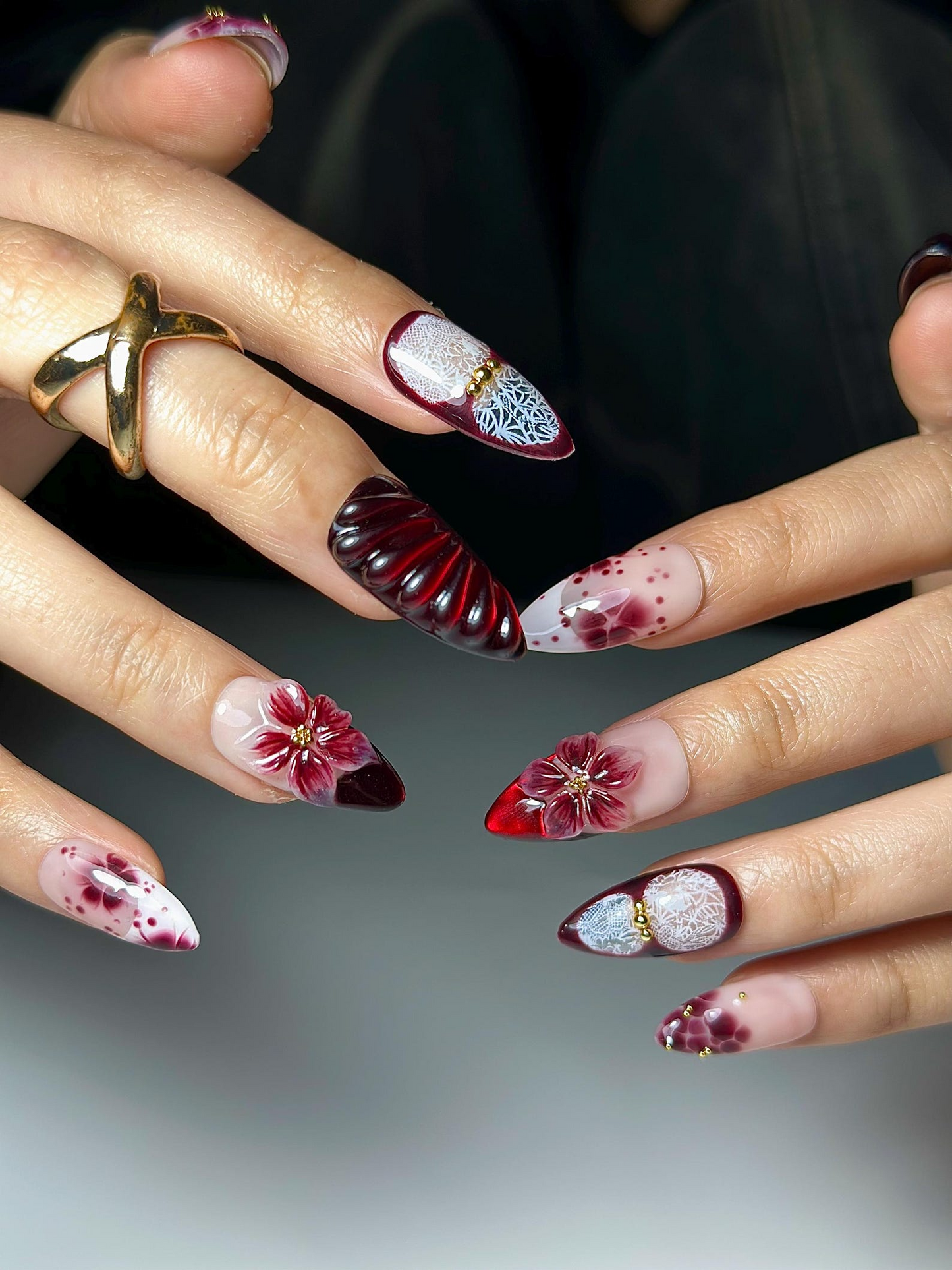 Burgundy レッド フラワー ネイルチップ｜3D Wine フラワー ネイル｜Dark ロマンティック ネイルアート｜上品 グラデーション ネイル｜上品 ネイルチップ｜JB324HK