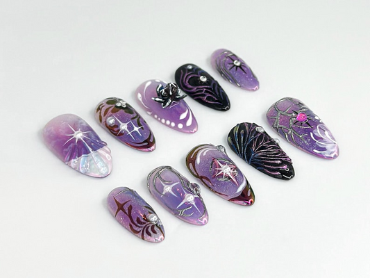 Galaxy グリッター パープル ネイルチップ｜Galaxy スター ネイルアート｜メタリック パープル ネイル｜上品 ネイルセット｜Holographic スター ネイル｜JB671HC