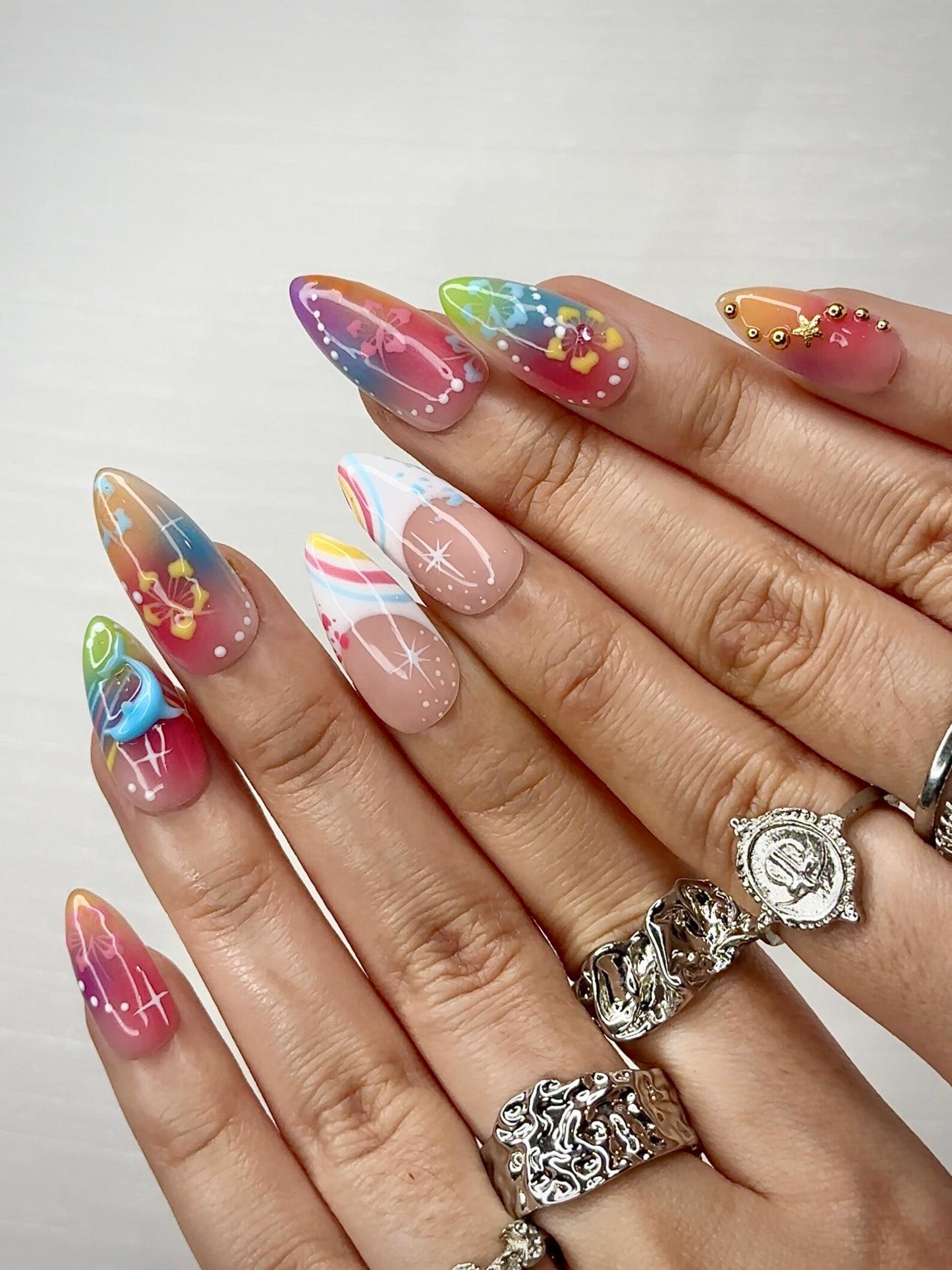 Midnight Sun ネイルチップ for Y2K Lovers｜Sunset オンブレ Rainリボン ネイル with 3Dフラワー Art｜90s Nail Design｜アーティスティック ネイルチップ｜JB290HC