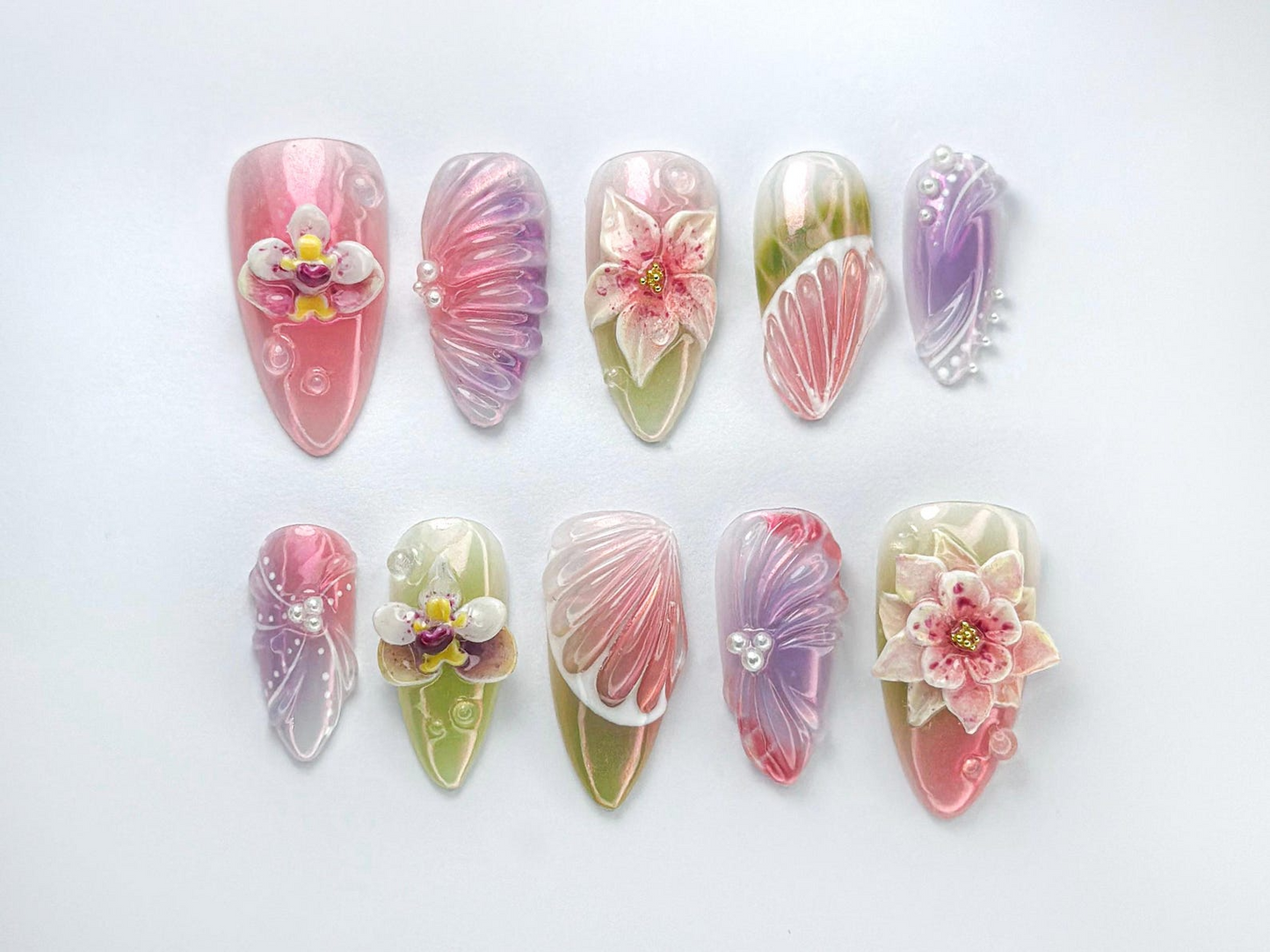 パステル Orchid Bloom ネイルチップ｜ロマンティック フラワー ピンク ネイル｜上品 オンブレ ネイルチップ｜Garden・風 ネイルアート｜JC731HK