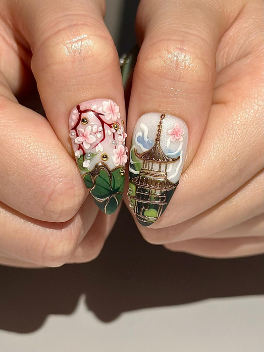 Asian 風 上品 ネイルチップ｜Jade グリーン ゴールド フラワー ネイル｜Handpainted Pagoda ネイルアート｜上品 Statement ネイルチップ｜JB309HC