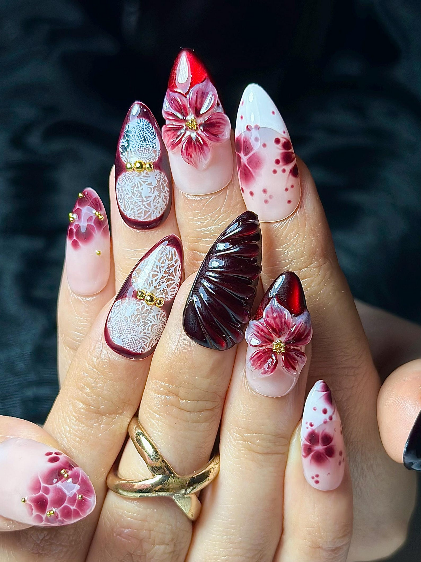 Burgundy レッド フラワー ネイルチップ｜3D Wine フラワー ネイル｜Dark ロマンティック ネイルアート｜上品 グラデーション ネイル｜上品 ネイルチップ｜JB324HK
