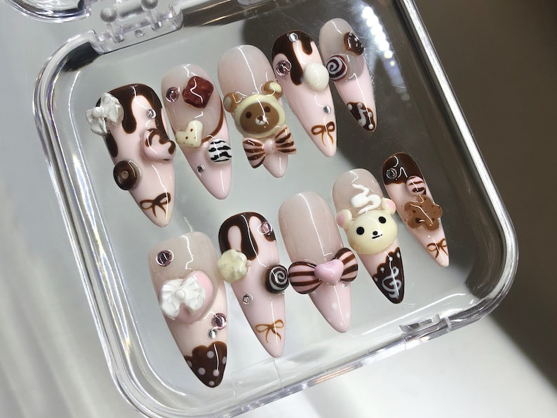 かわいい Dessert ネイルチップ｜3D Sweets And ベア Designs with リボン ネイルチップ｜3D Chocolate, Candy ネイルチップ｜Kawaii ネイル｜HB549Y