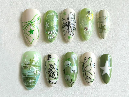 春 Garden ロング アーモンド ネイル｜グリーン Leaf & フラワー Designs｜ハンドメイド Faux ネイルアート｜Trendy ネイルアート｜ユニーク ハンドメイド ネイル｜JB534H