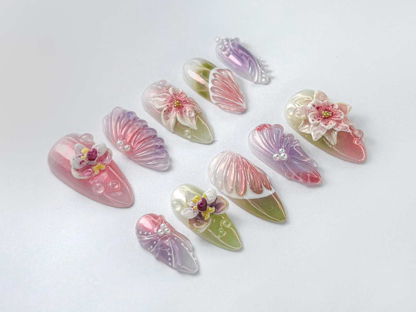 パステル Orchid Bloom ネイルチップ｜ロマンティック フラワー ピンク ネイル｜上品 オンブレ ネイルチップ｜Garden・風 ネイルアート｜JC731HK