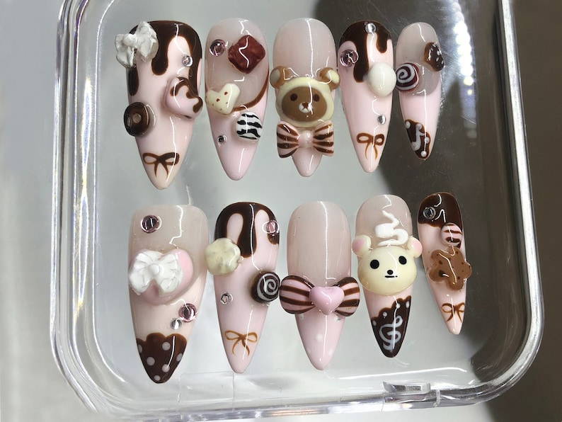 かわいい Dessert ネイルチップ｜3D Sweets And ベア Designs with リボン ネイルチップ｜3D Chocolate, Candy ネイルチップ｜Kawaii ネイル｜HB549Y