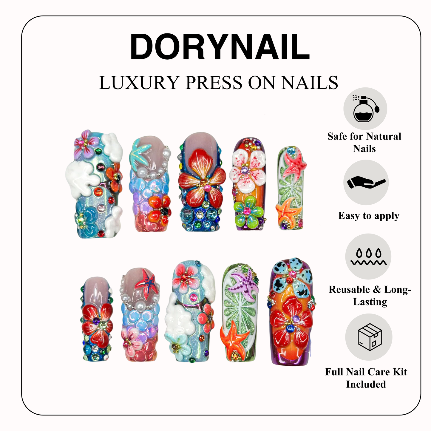 Midnight Sun ネイルチップ for Festival｜Colorful 3D フラワー ネイル｜Festival Nail｜Tropical 夏 上品 ネイル｜アーティスティック ネイル｜JA300HC