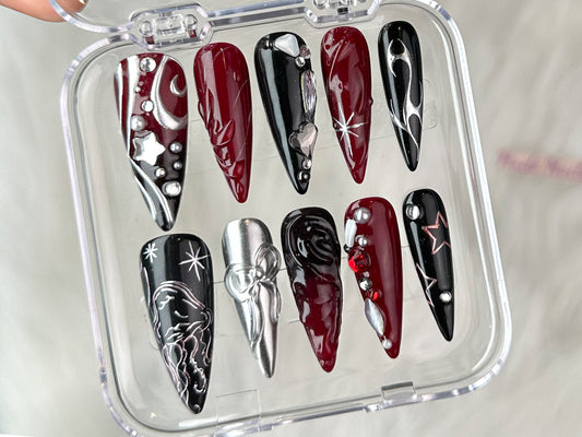 上品 ブラック 3D ネイルチップ｜レッド ネイルチップ ユニーク Design｜ネイルアート｜Y2K ネイル｜ネイルチップ, ネイル press on｜Gift for her｜HD23T