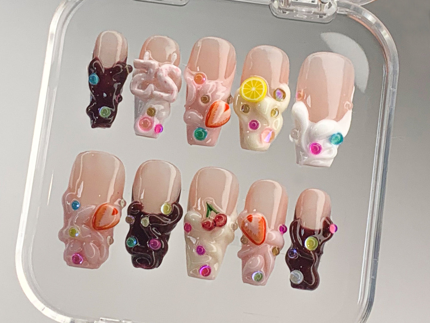 Sweet Treats ネイルチップ｜Colorful Candy・風 ネイルアート｜Adorable Candy and Fruit Accents On ネイルチップ｜Gift for her｜HD412T