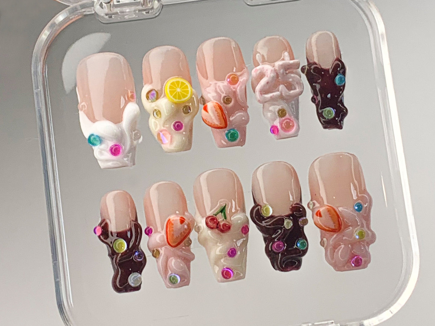 Sweet Treats ネイルチップ｜Colorful Candy・風 ネイルアート｜Adorable Candy and Fruit Accents On ネイルチップ｜Gift for her｜HD412T