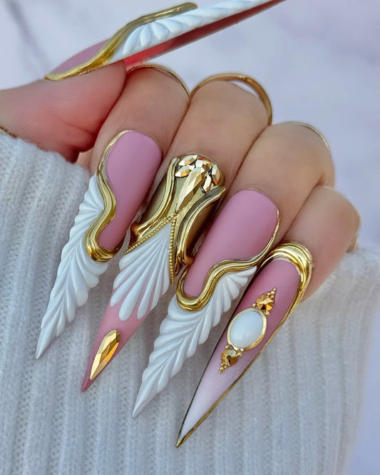 Goddess Wings ネイルチップ｜ホワイト ゴールド Sculpted ネイル｜上品 3D ネイルアート｜Greek 風 ネイルセット｜上品 ピンク ネイル