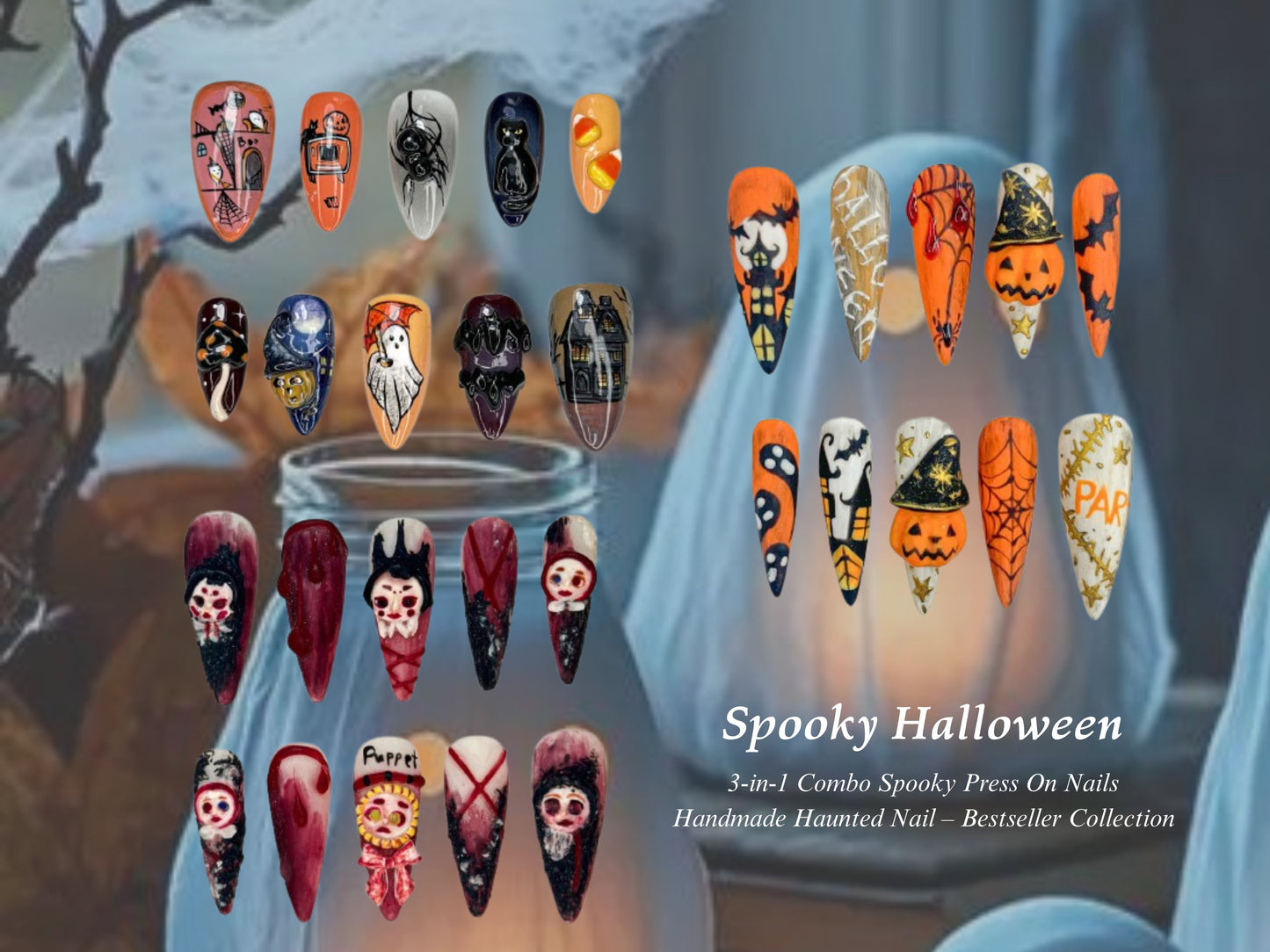 Combo Spooky ハロウィン ネイルチップ｜3D Haunted House ネイルアート｜パンプキン, ゴースト & Skull ネイル｜ハンドメイド Creepy かわいい ネイルセット