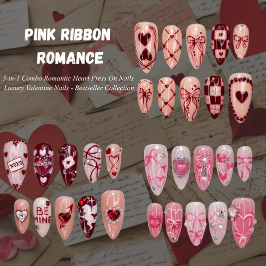 Combo ピンク Ribbon Romance ネイルチップ 3D ハート リボン Love Letter ネイルアート ハンドメイド バレンタイン ネイルセット｜DB15L