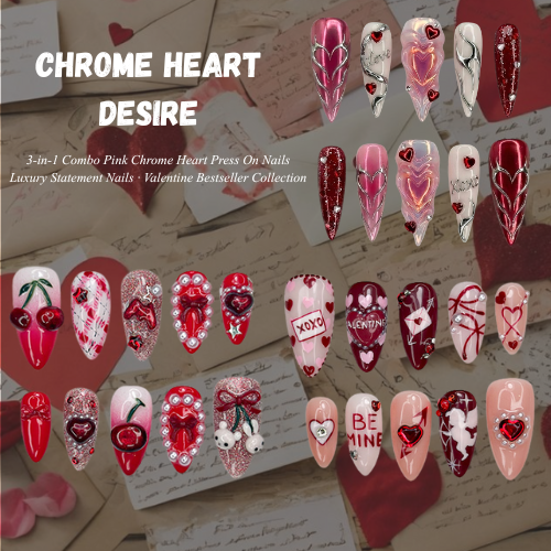 Combo クローム ハート Desire ネイルチップ 3D ピンク クローム ハート ネイルアート ハンドメイド バレンタイン ネイルセット DB18L