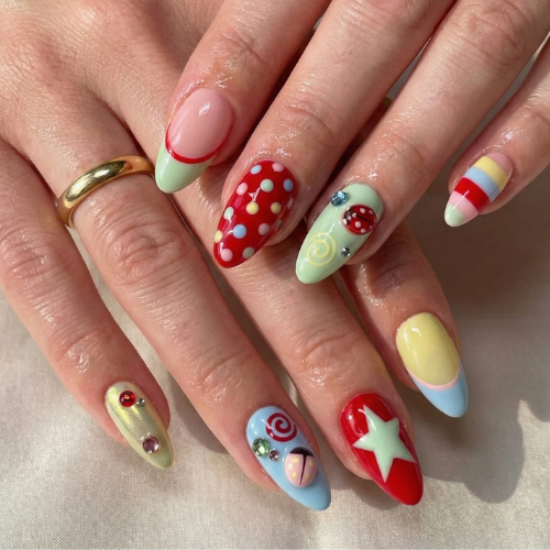 ネイルチップ Adhesive Tabs with Colorful パステル Dot & スター Art Design, ハンドメイド ロング Playful ネイルチップ for Dopamine Aesthetic or Kawaii Statement Look｜DB03L