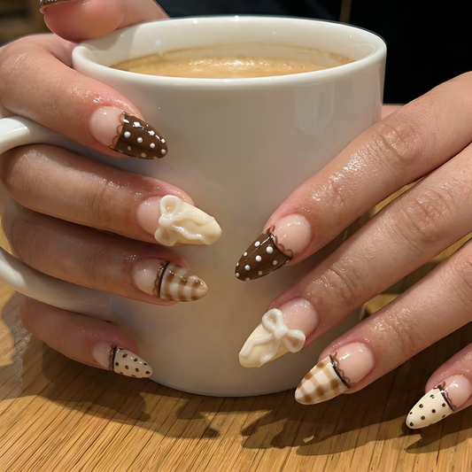 Nail Tabs for ネイルチップ – ヌーディー ブラウン Polka Dot ギンガム & 3Dリボン ロング アーモンド ハンドメイド かわいい Coquette ネイルチップ｜DB04L