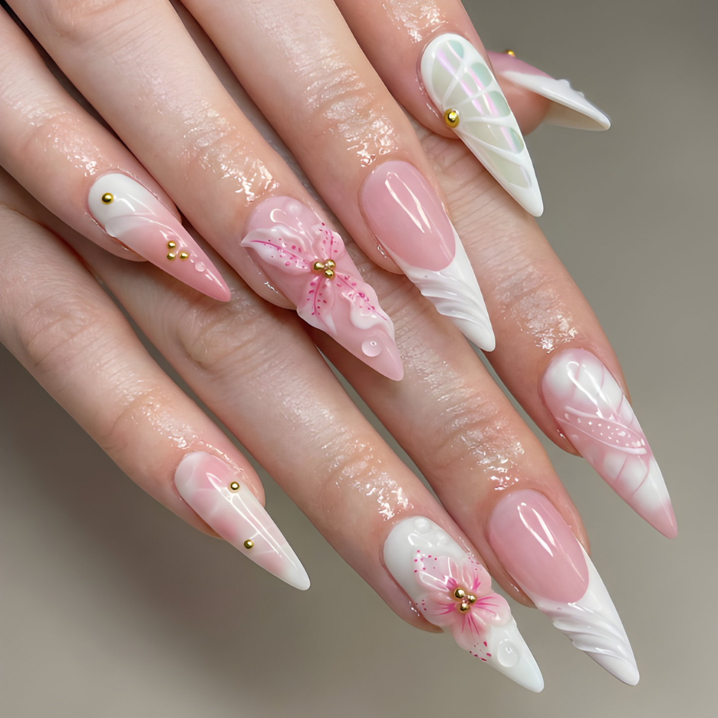 Nail Tabs for ネイルチップ – ピンク ホワイト フラワー 3D フラワー ロング スティレット ネイルチップ｜DB05L
