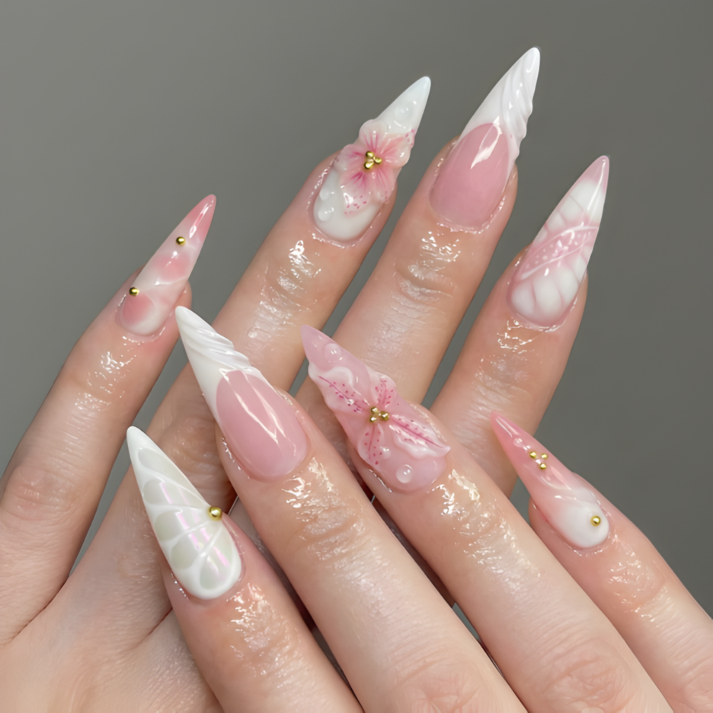 Nail Tabs for ネイルチップ – ピンク ホワイト フラワー 3D フラワー ロング スティレット ネイルチップ｜DB05L