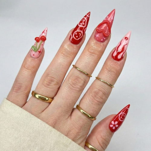 ネイルチップ Adhesive Tabs with レッド チェリー & ハート Swirl Art Design, ハンドメイド ロング スティレット ネイルチップ for バレンタイン Aesthetic or ロマンティック Statement Look｜DB02L