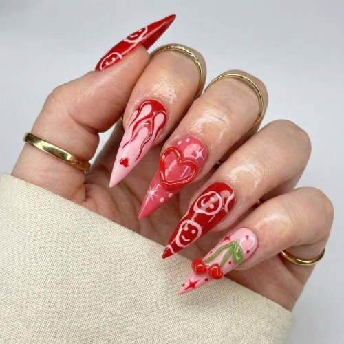 ネイルチップ Adhesive Tabs with レッド チェリー & ハート Swirl Art Design, ハンドメイド ロング スティレット ネイルチップ for バレンタイン Aesthetic or ロマンティック Statement Look｜DB02L