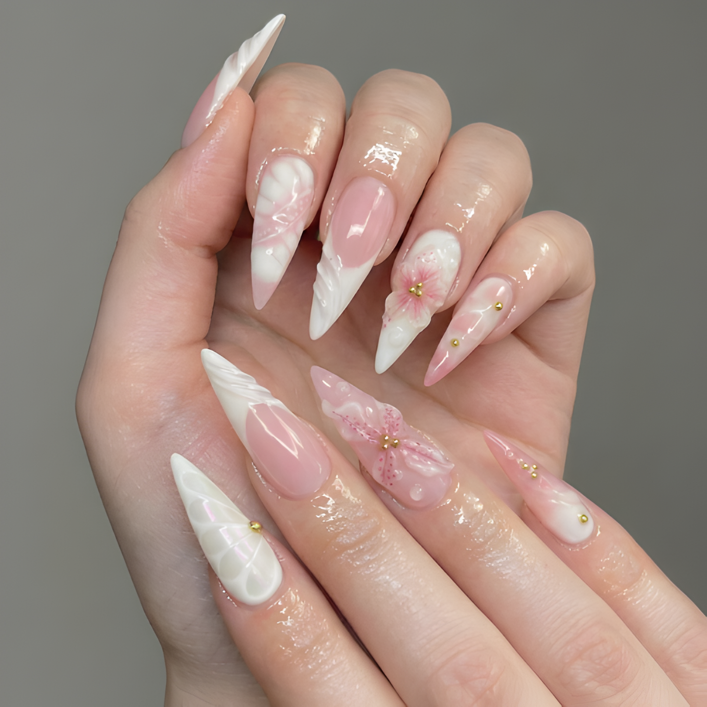 Nail Tabs for ネイルチップ – ピンク ホワイト フラワー 3D フラワー ロング スティレット ネイルチップ｜DB05L