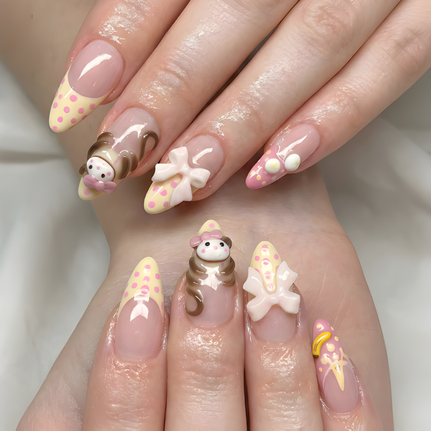 Nail Tabs for ネイルチップ – パステル Yellow ピンク Polka Dot Doll & 3Dリボン ロング アーモンド ハンドメイド かわいい Coquette ネイルチップ｜DB07L