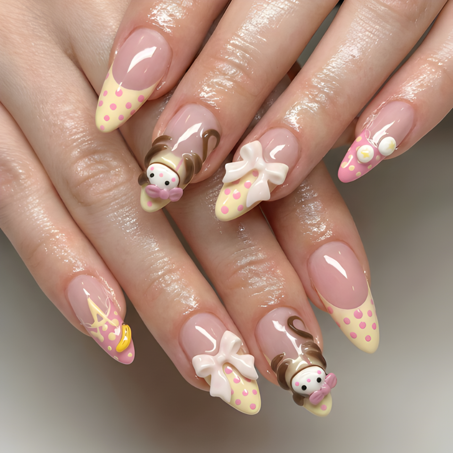 Nail Tabs for ネイルチップ – パステル Yellow ピンク Polka Dot Doll & 3Dリボン ロング アーモンド ハンドメイド かわいい Coquette ネイルチップ｜DB07L