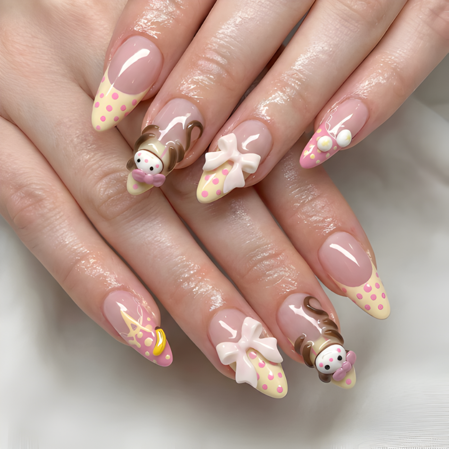 Nail Tabs for ネイルチップ – パステル Yellow ピンク Polka Dot Doll & 3Dリボン ロング アーモンド ハンドメイド かわいい Coquette ネイルチップ｜DB07L