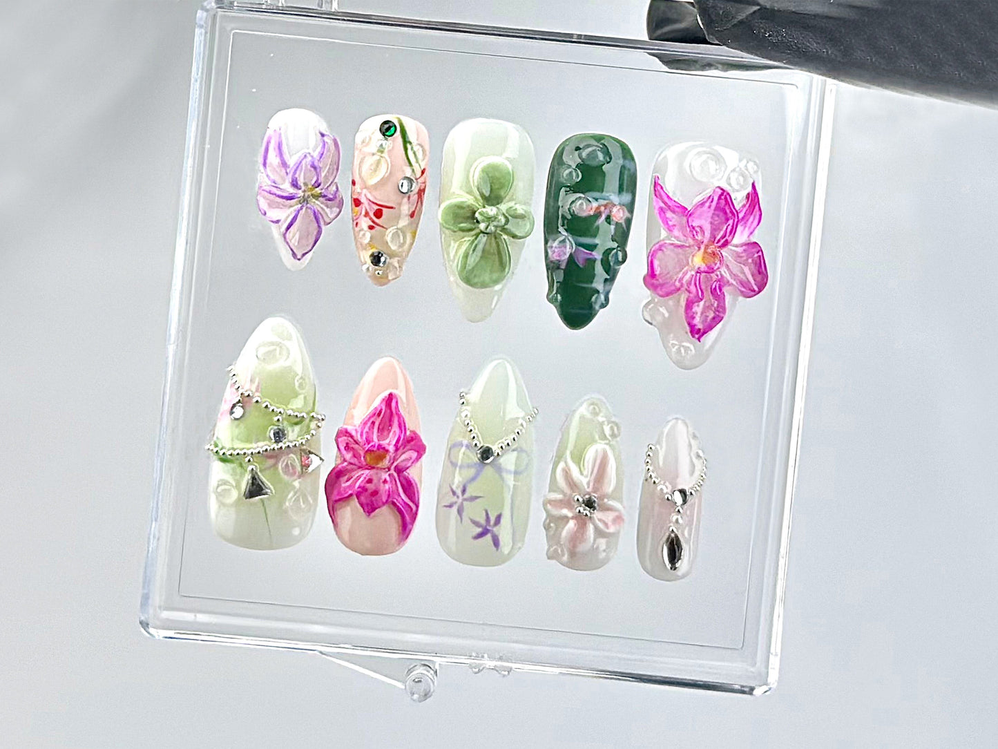 3D Orchid And Succulent ネイルチップ｜上品 3D フラワー ネイルアート｜上品 Orchid And Garden Theme ネイルチップ｜ウェディング ネイル｜HB628Y