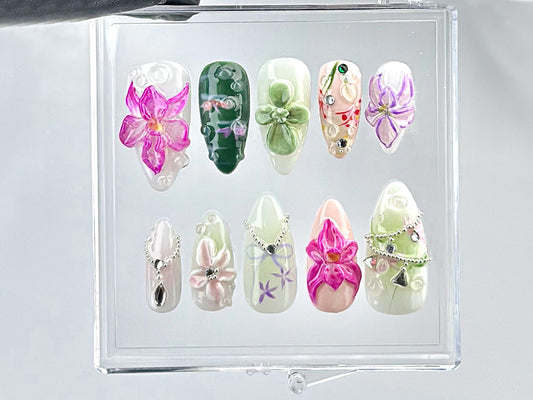 3D Orchid And Succulent ネイルチップ｜上品 3D フラワー ネイルアート｜上品 Orchid And Garden Theme ネイルチップ｜ウェディング ネイル｜HB628Y