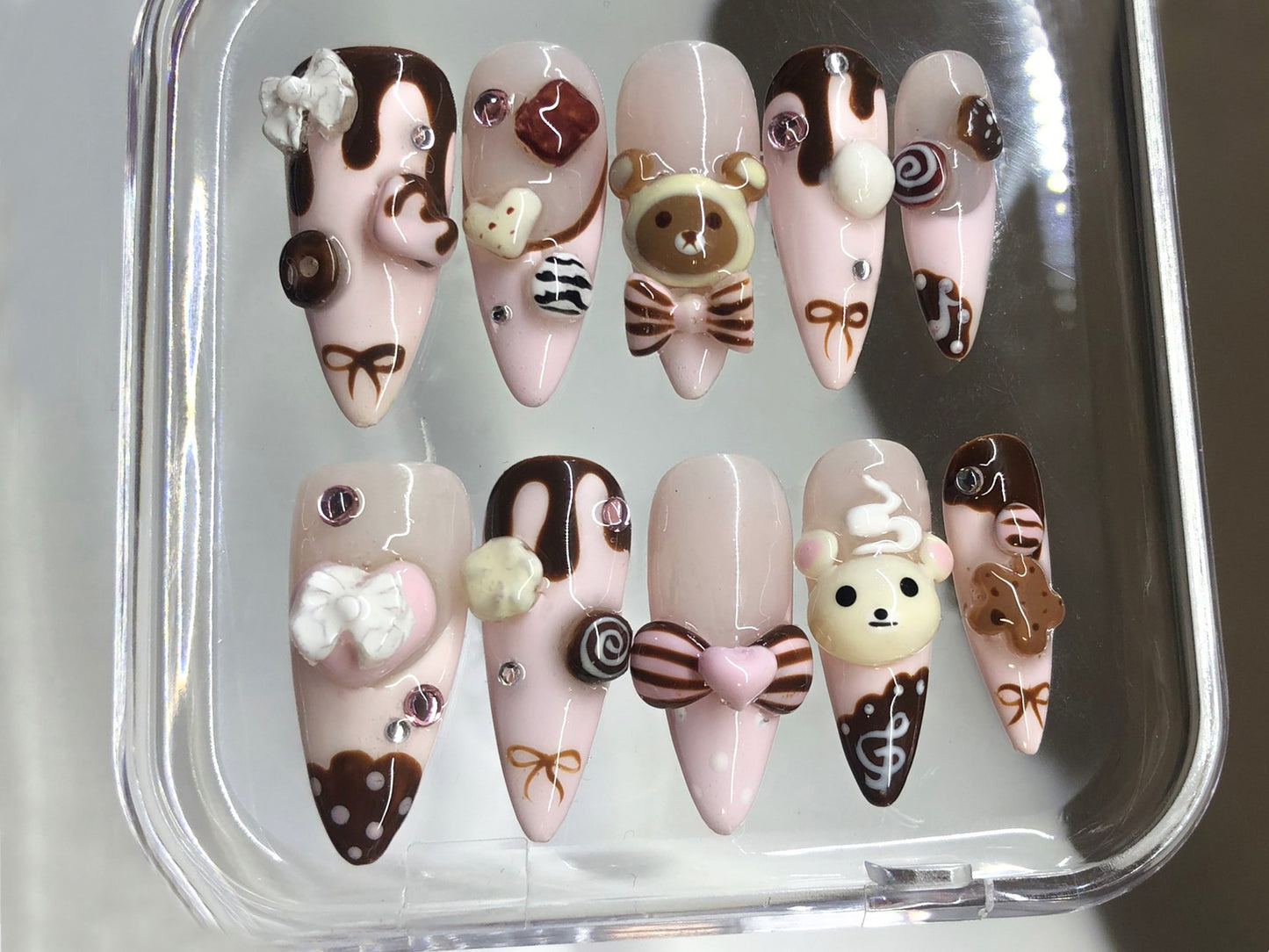 かわいい Dessert ネイルチップ｜3D Sweets And ベア Designs with リボン ネイルチップ｜3D Chocolate, Candy ネイルチップ｜Kawaii ネイル｜HD549Y