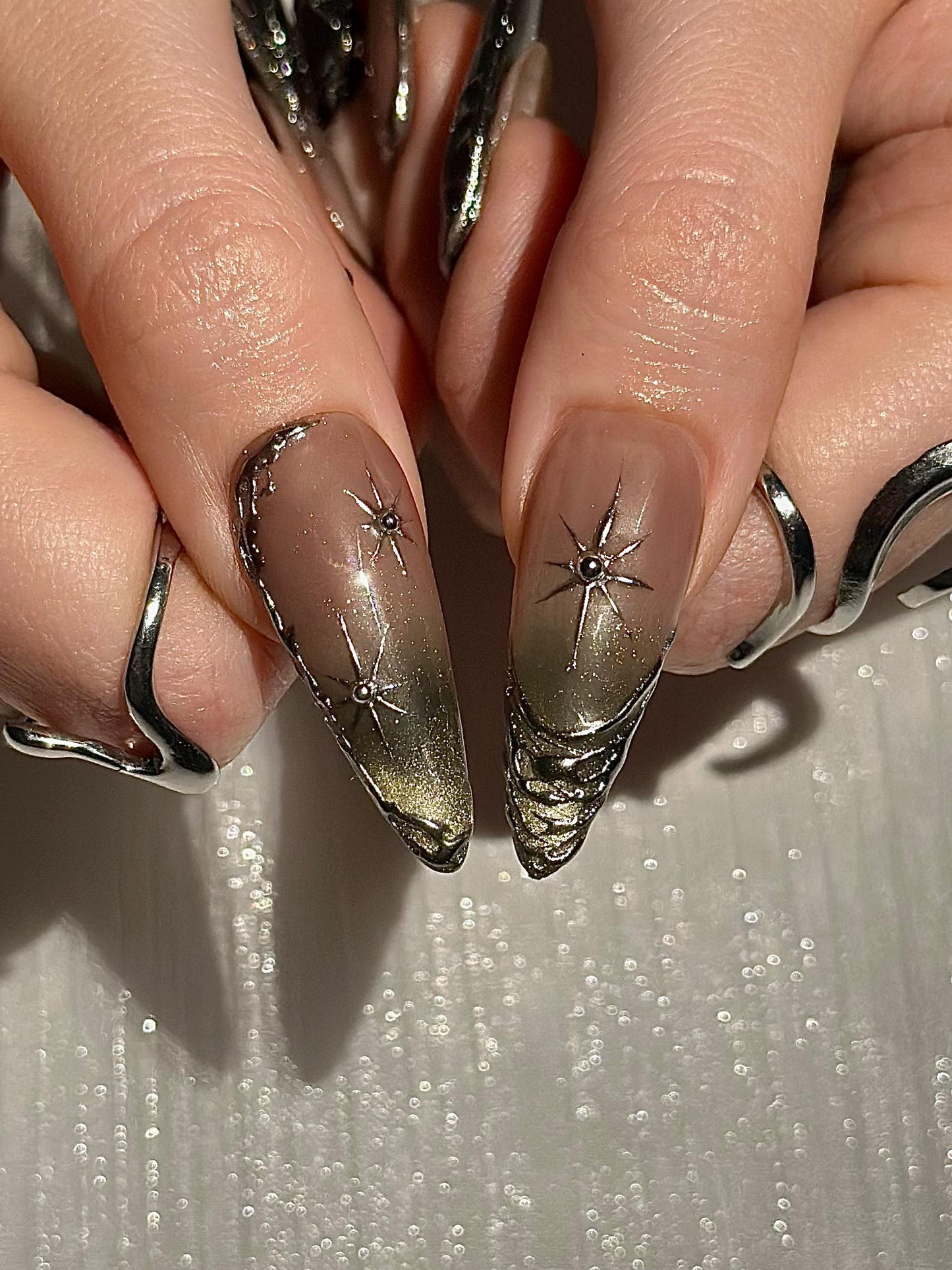 ゴシック Celestial ネイルチップ, Dark キャットアイ Galaxy ネイル with シルバー スター, Edgy Ethereal スティレット ネイル with メタリック Charms, HC1289HC