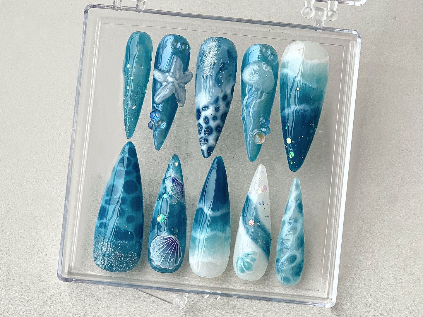 Ocean・風 ネイルチップ｜Ocean ネイルs and スターfish Design On ネイルチップ｜ocean ネイル｜Jellyfish Pattern on ネイルチップ｜HD361TH