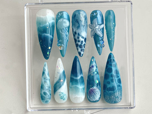Ocean・風 ネイルチップ｜Ocean ネイルs and スターfish Design On ネイルチップ｜ocean ネイル｜Jellyfish Pattern on ネイルチップ｜HD361TH