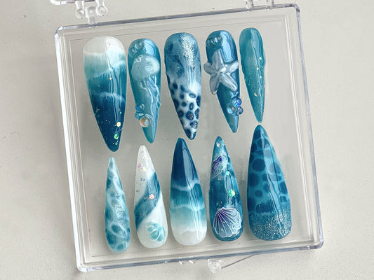 Ocean・風 ネイルチップ｜Ocean ネイルs and スターfish Design On ネイルチップ｜ocean ネイル｜Jellyfish Pattern on ネイルチップ｜HD361TH