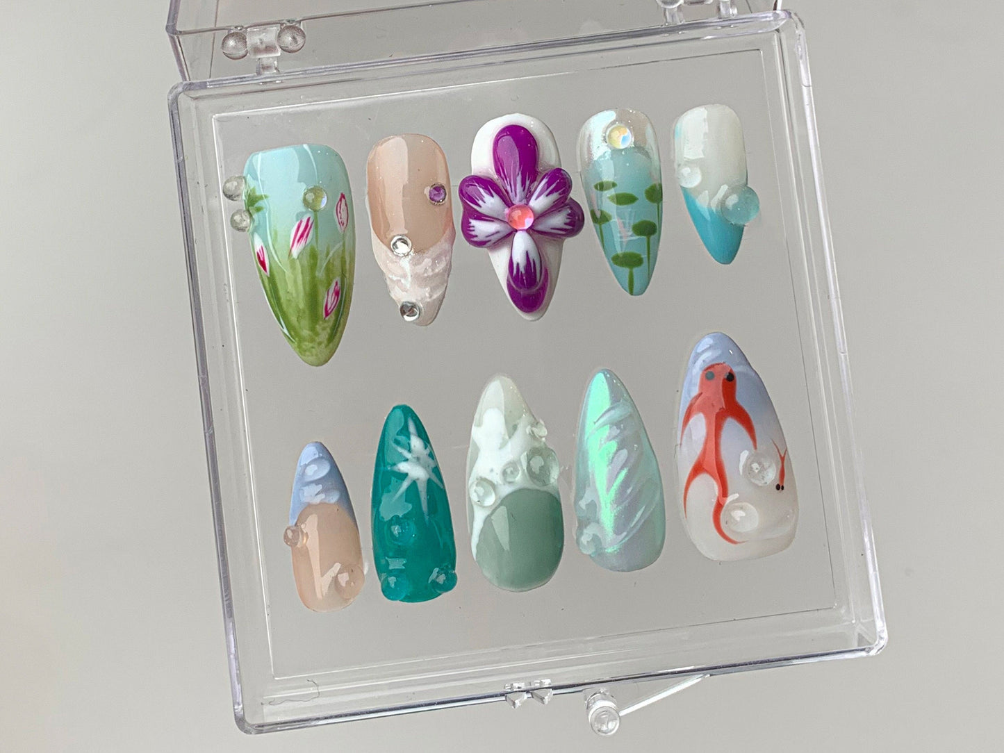 Ocean Theme ネイルチップ・Beach 風 ネイルチップ｜Handpainted フラワー ネイルアート｜Ocean・風 ネイルチップ｜Ocean ネイル｜HD305T