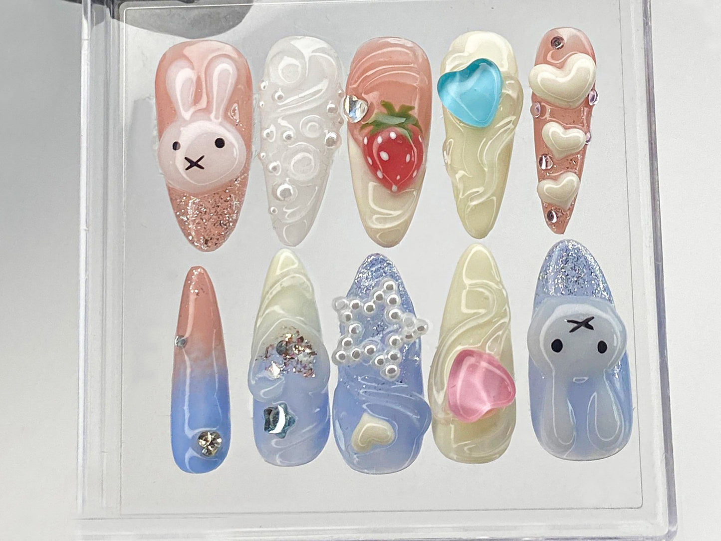 Cartoon Miffy ネイルチップ｜ハートbeat ネイル Press On｜ピンク 3D ネイルアート｜いちご Fake Nail｜バニー Kawaii Nail Polish｜HD411Y