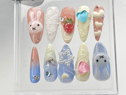 Cartoon Miffy ネイルチップ｜ハートbeat ネイル Press On｜ピンク 3D ネイルアート｜いちご Fake Nail｜バニー Kawaii Nail Polish｜HD411Y