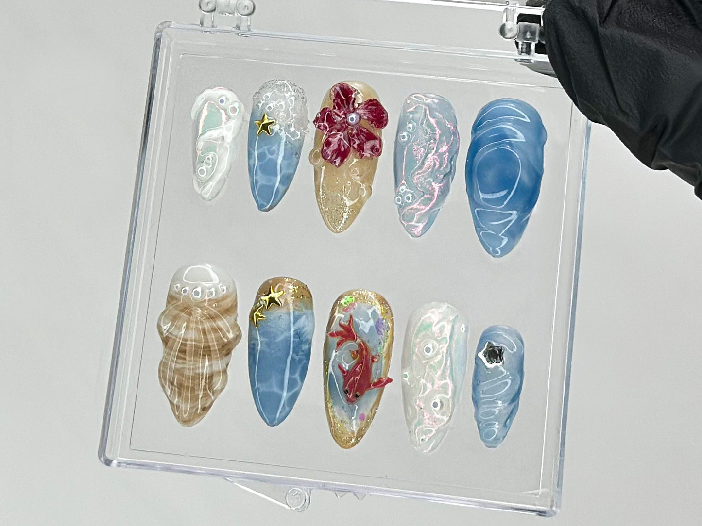 Ocean・風 ネイルチップ｜3D シー Shell and スターfish Ocean ネイル｜ネイル press on｜夏 ネイル｜鯉 ネイルチップ｜HD430TH