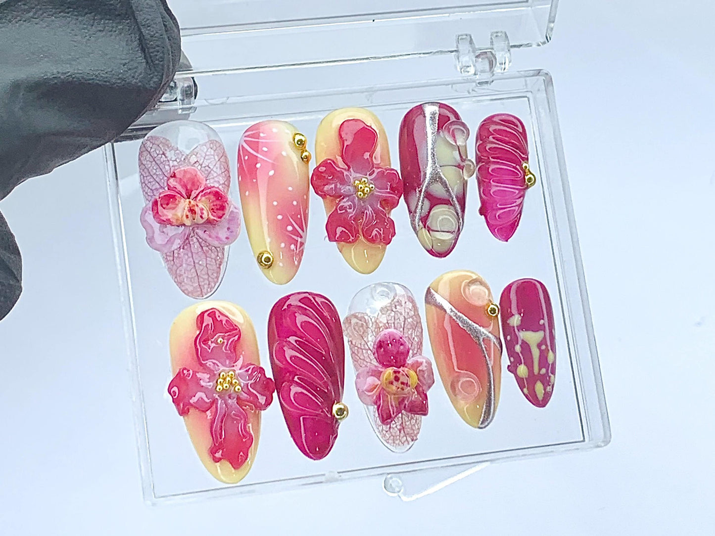 Blooming フラワー ネイルチップ｜3D クローム フラワー ネイルチップ｜華やか フラワー ネイルチップ Press On｜春 夏 ネイルアート｜HD423YL