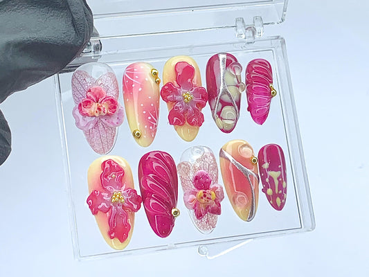 Blooming フラワー ネイルチップ｜3D クローム フラワー ネイルチップ｜華やか フラワー ネイルチップ Press On｜春 夏 ネイルアート｜HD423YL