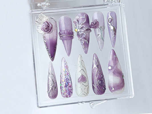 フリースタイル アーモンド ネイルチップ｜Rosy パープル ネイルチップ｜ハート patterns ネイルアート｜フラワー Violet On ネイルチップ｜Nail charms｜HD345TC