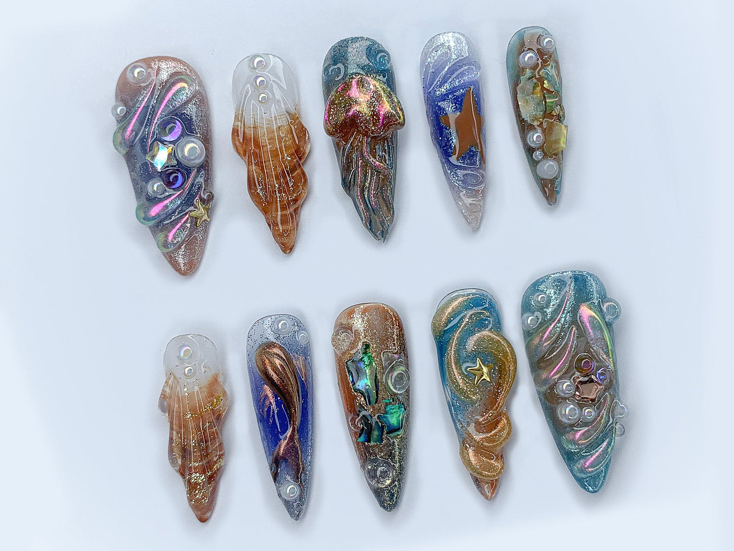 Free Style クローム ネイルチップ｜カスタム Colorful 3D メタリック Jellyfish Gel ネイルアート｜ブルー & オレンジ オンブレ Handpainted ネイルセット｜J335AL