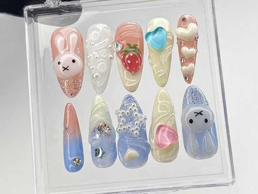 Cartoon Miffy ネイルチップ｜ハートbeat ネイル Press On｜ピンク 3D ネイルアート｜いちご Fake Nail｜バニー Kawaii Nail Polish｜HD411Y
