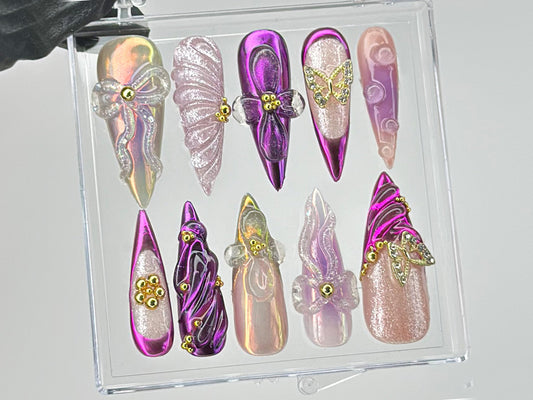 鮮やか パープル ネイルチップ｜Luxurious パープル ネイルアート｜バタフライ charms on ネイルチップ｜3Dフラワー Nail Charms｜ネイルチップ｜HD451TL
