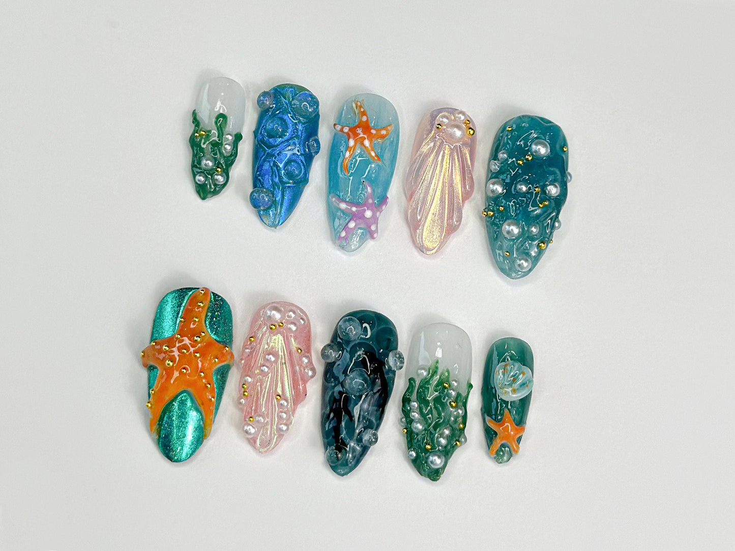 3D トロピカルビーチ ネイルチップ｜Ocean・Themed with Seaweed, Seashells, and スターfish｜ハンドメイド ネイルチップ｜J316SL