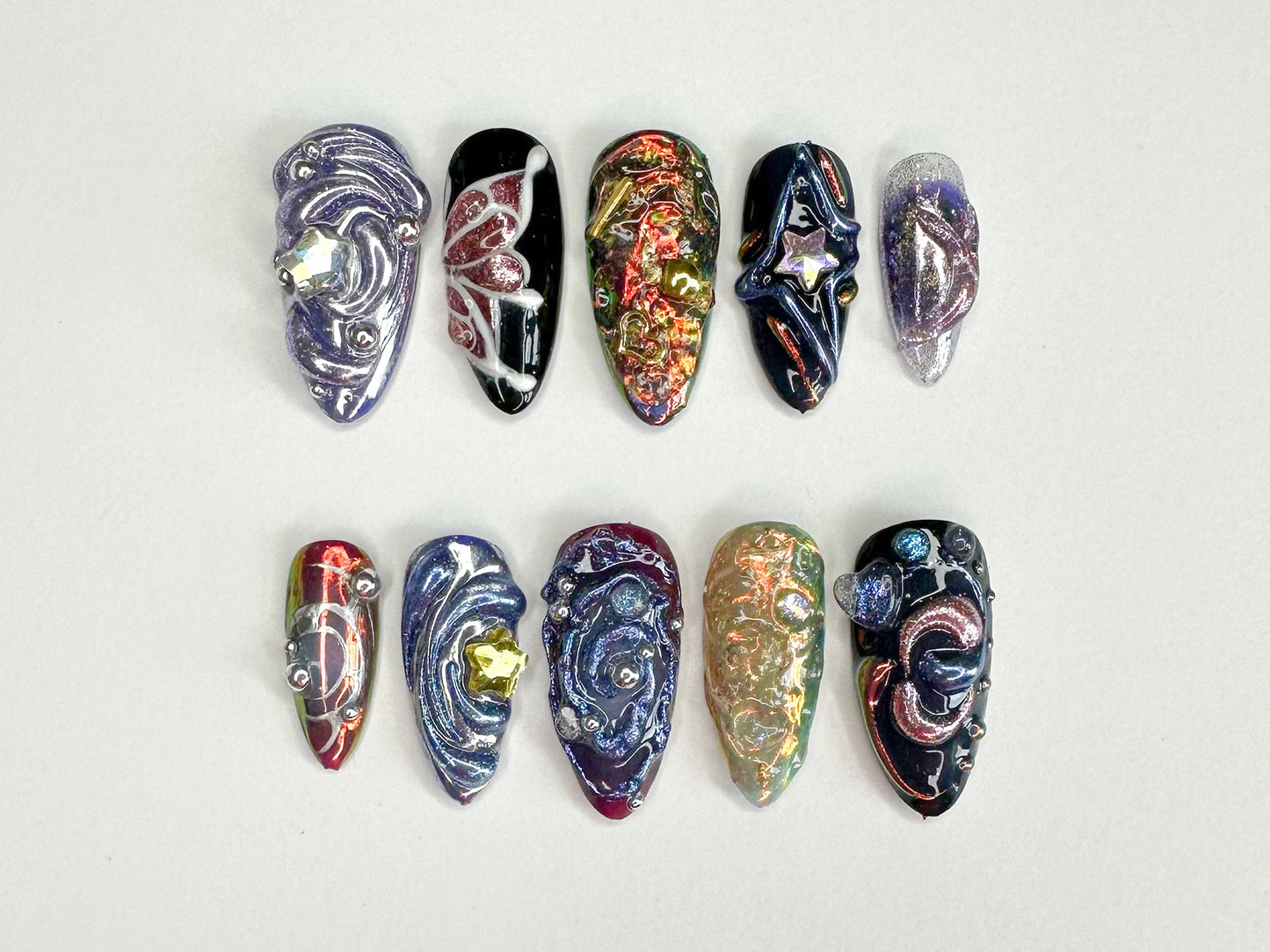 Galactic 3D ネイルチップ｜ハンドメイド ネイルチップ with Cosmic and スター Designs｜Perfect for a 華やか Look｜3D Gel x ネイル｜J331SC