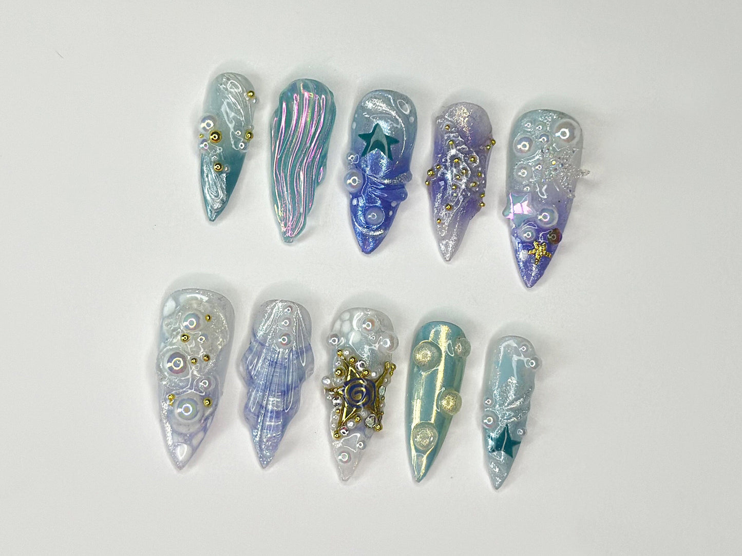3D トロピカルビーチ ネイルチップ｜Ocean・Themed with Seaweed, Seashells, and スターfish｜ハンドメイド ネイルチップ｜J328SL