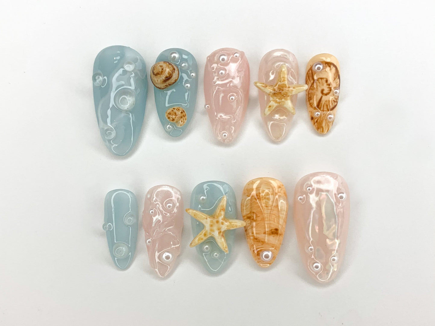 Ocean・風 3D ネイルチップ｜Beach Theme with Seashells and スターfish｜ハンドメイド ネイルチップ for 夏 Vibes｜J297S