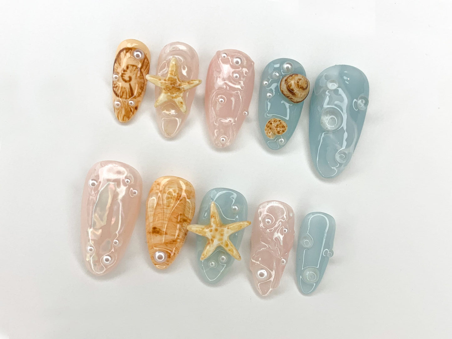 Ocean・風 3D ネイルチップ｜Beach Theme with Seashells and スターfish｜ハンドメイド ネイルチップ for 夏 Vibes｜J297S